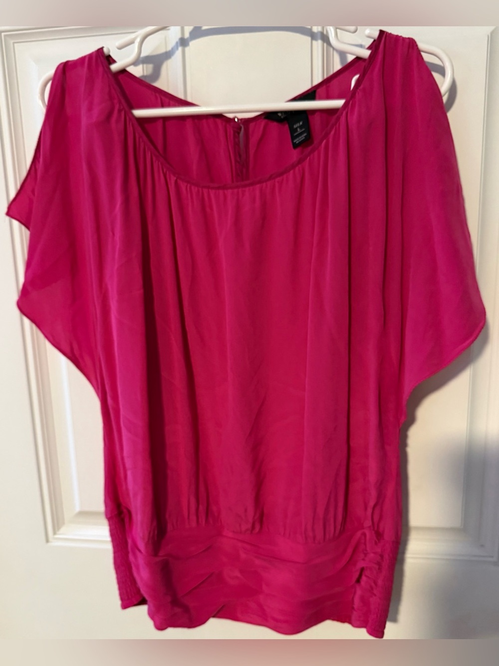 White House Black Market Silk Hot Pink Blouson Sleeve Top